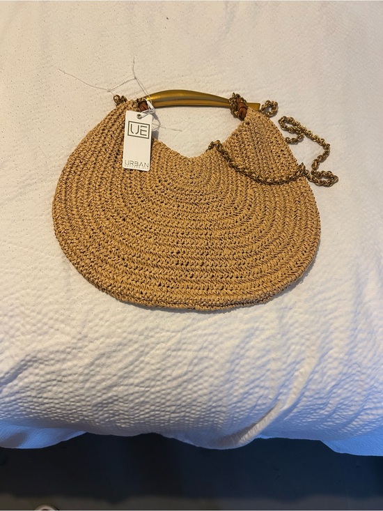 Urban Expressions Handbags - Urban Expressions Tan Woven Shoulder Bag with Gold Chain Accent